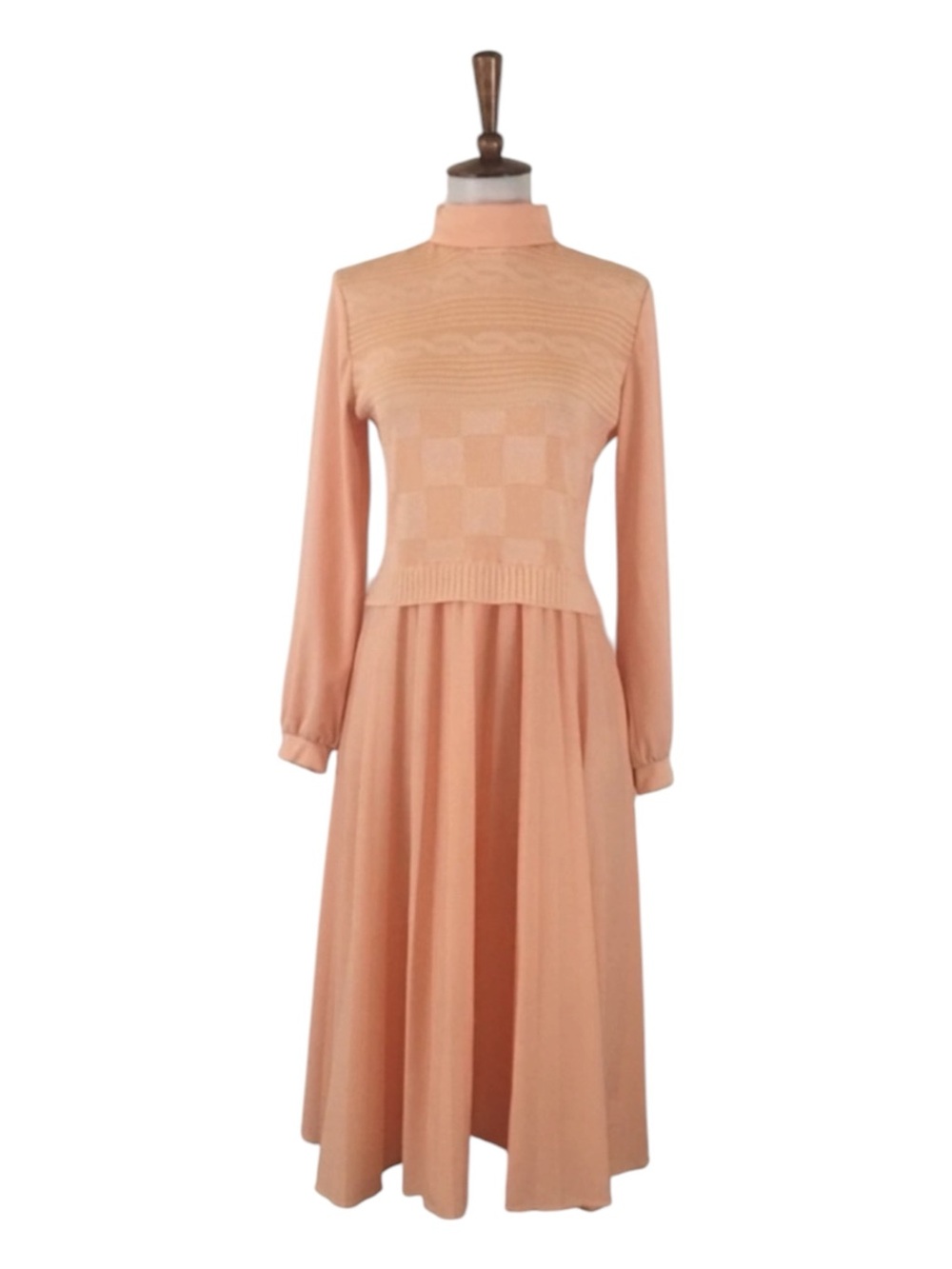 70’s Vintage Dress Women’s M Bleeker Street Peach Long Sleeve Midi Retro‎ Casual